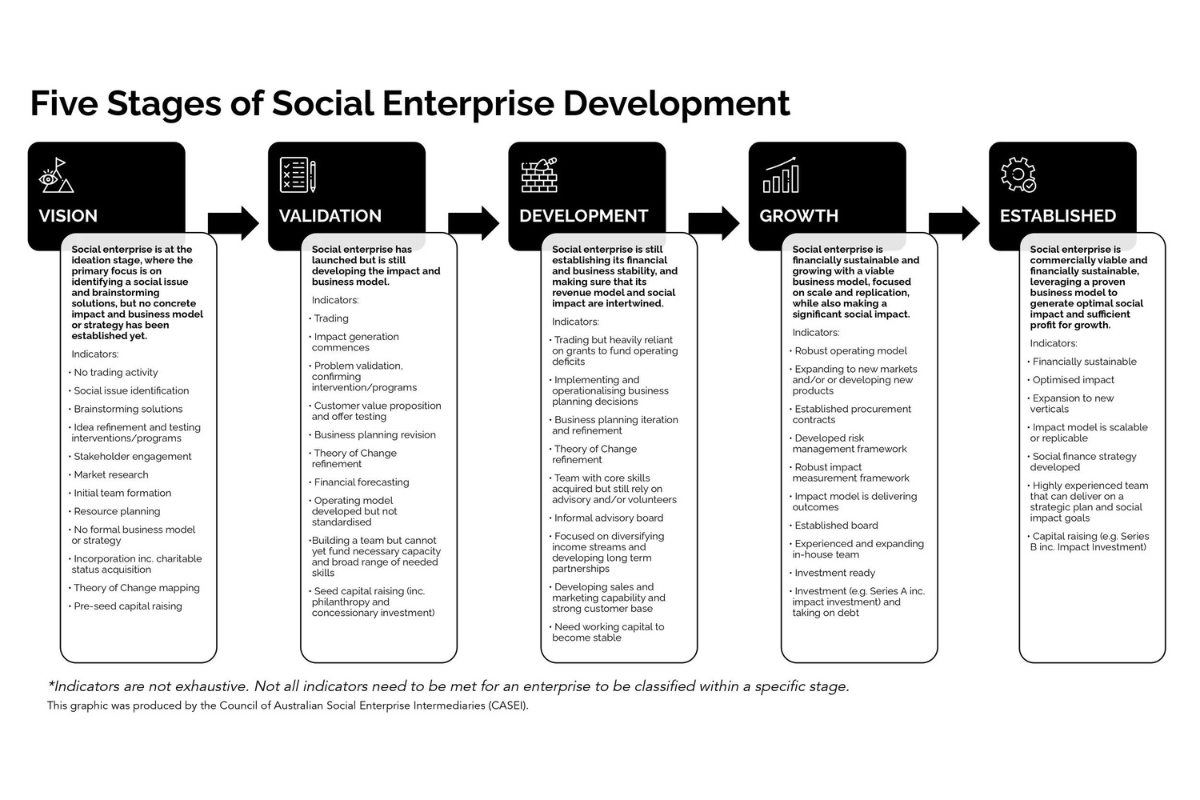Infographic showing five stages of social enterprise development: Vision, Validation, Development, Growth and Established.